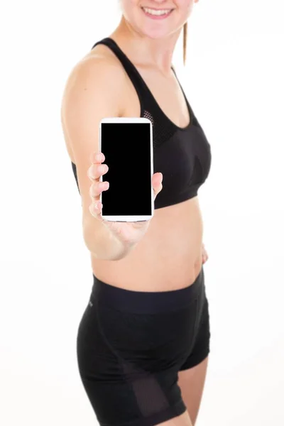 Sport Ajustement Femme Tenant Téléphone Intelligent Avec Écran Vide Vierge — Photo