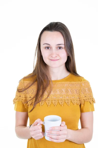 Beautiful Young Woman Holding Mug Coffee Cup Tea — Stock Photo, Image