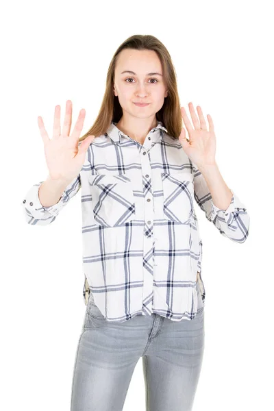 Screaming Woman Showing Stop Symbol Palm Hand — Stock Photo, Image