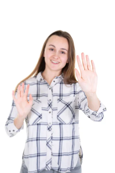 Junge Frau Zeigt Ihr Leugnen Ohne Zeichen Mit Der Handfläche — Stockfoto