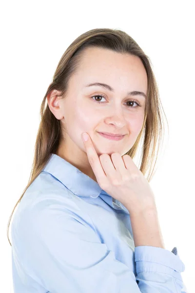 Portrait Thoughtful Businesswoman Dressed Blue Shirt — Stock Photo, Image