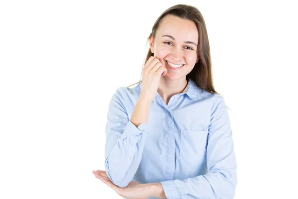 Retrato Una Joven Mujer Feliz Sonriendo Pensando Con Las Manos — Foto de Stock