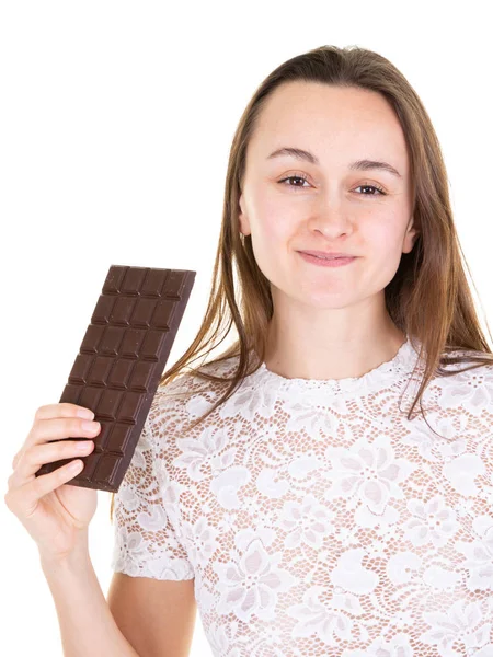 Retrato Jovem Mulher Bonita Saudável Segurando Barra Chocolate — Fotografia de Stock