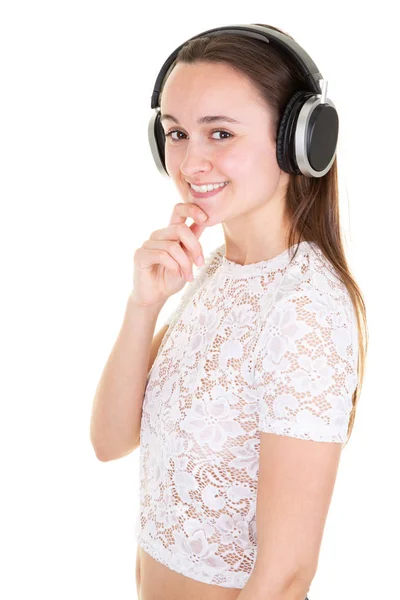 Retrato Una Joven Sonriente Con Auriculares Teléfono Móvil Escuchar Música —  Fotos de Stock