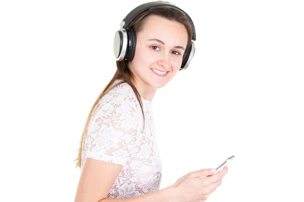 Νεαρή Γυναίκα Ακουστικά Στο Smartphone Ακούγοντας Μουσική — Φωτογραφία Αρχείου