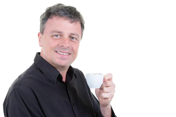 Souriant Âge Moyen Yeux Bleus Homme Tenant Tasse Café — Photo