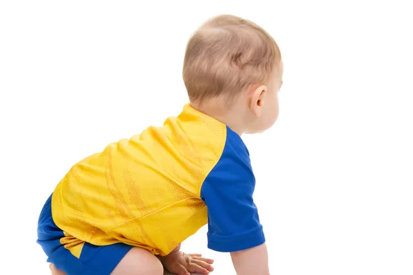 Baby Boy Żółtym Niebieskim Onesie Białym Tle — Zdjęcie stockowe