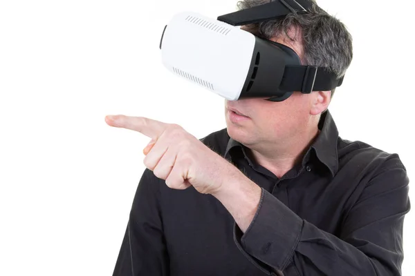 Człowiek Okularach Wirtualnej Rzeczywistości Białym Tle Koncepcji Nowoczesnych Technologii Przyszłości — Zdjęcie stockowe