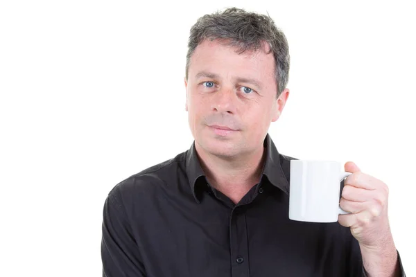 Man Black Shirt Shows Clean White Cup Your Design Empty — Stock Photo, Image