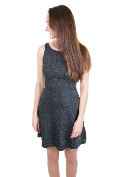 Side View Pretty Slim Woman Grey Dress Long Brown Hair — Stock Photo, Image