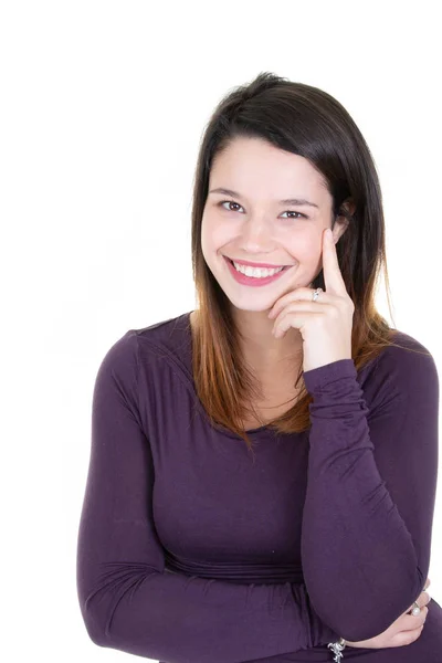 Encantadora Joven Que Tiene Una Sonrisa Tímida Posando Estudio Postura — Foto de Stock