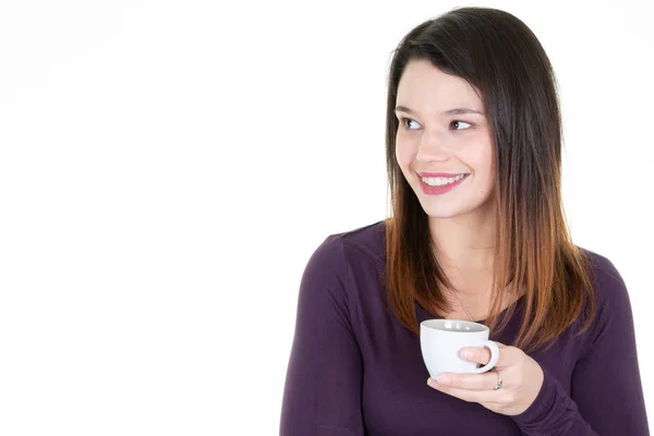 Portrait Happy Young Woman White Cup Coffee — Stock Photo, Image