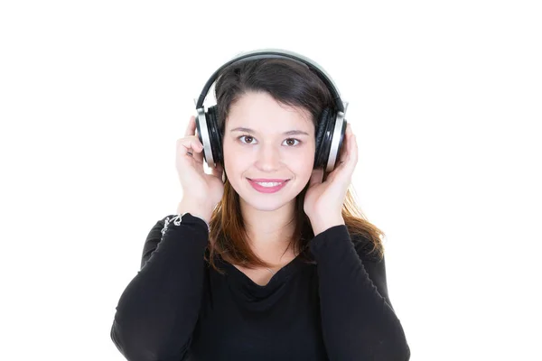 Ευτυχισμένο Κορίτσι Έφηβος Ακουστικά Ακούν Μουσική — Φωτογραφία Αρχείου