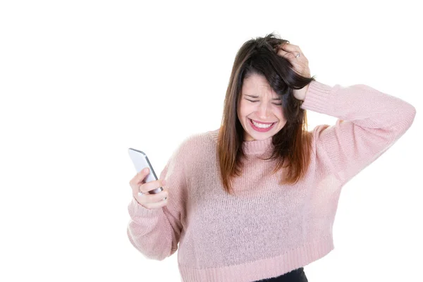 Portrait Young Woman Phone Having Frustrated Conversation Royalty Free Stock Photos