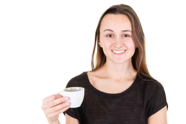 Cute Smiling Happy Young Woman Cup Coffee White Background — Stock Photo, Image