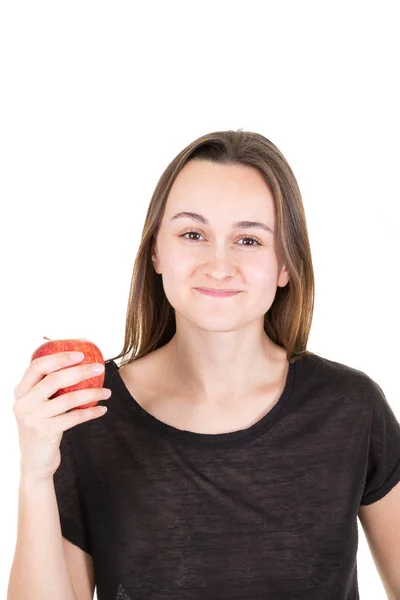 Pretty Leende Lycklig Ung Kvinna Med Rött Äpple Handen — Stockfoto