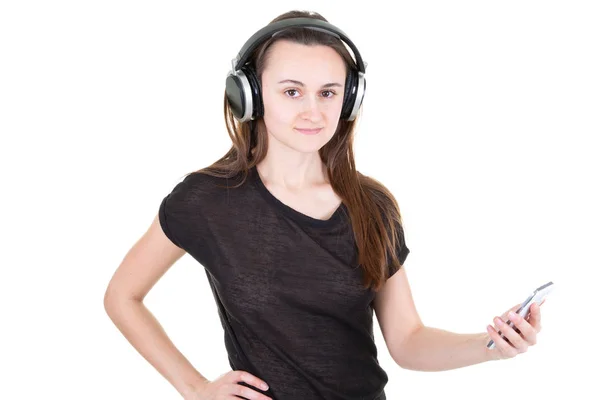 Belle Jeune Femme Dans Les Écouteurs Écoutant Musique Souriant Avec — Photo