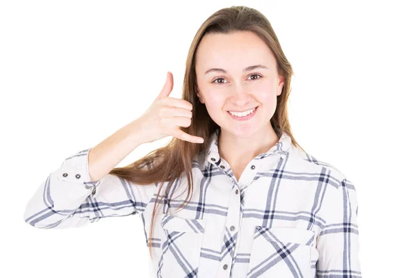 Llámame Bonita Mujer Joven Mostrando Cartel Del Teléfono Con Sus — Foto de Stock