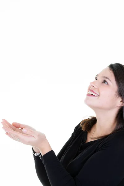 Happy Woman Showing Offering Something Her Both Hands — Stock Photo, Image