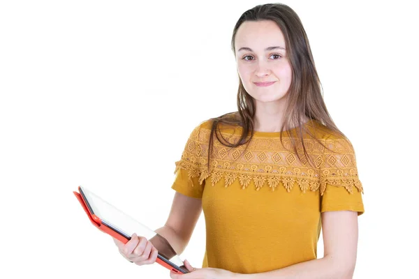 Joven Mujer Bonita Estudiante Chica Con Tableta Mano Sobre Fondo — Foto de Stock