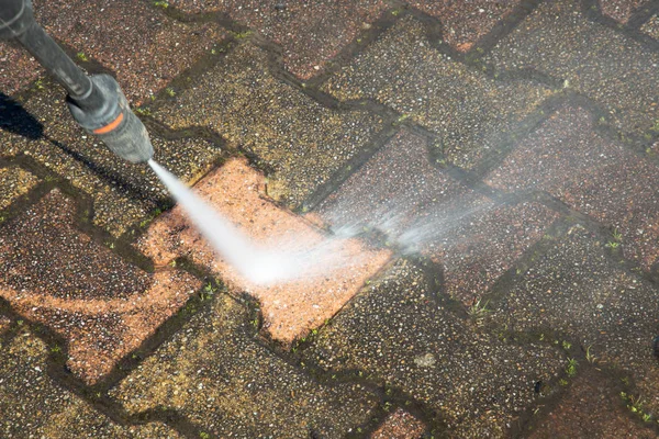 Lavadora Limpeza Alta Pressão Serviços Profissionais Mais Limpos Calçada — Fotografia de Stock