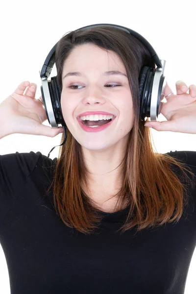 Young Beautiful Brunette Woman Headphones Smile Happy — 스톡 사진