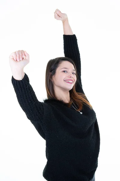 Glückliche Junge Frau Feiert Sieg Auf Weißem Hintergrund Arme Auf — Stockfoto