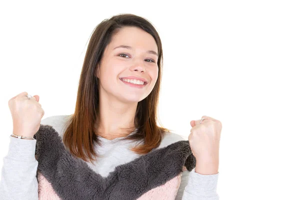 Mujer Joven Con Éxito Sobre Fondo Blanco — Foto de Stock