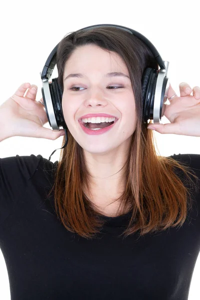 Young Beautiful Brunette Woman Headphones Smile Happy Royalty Free Stock Photos