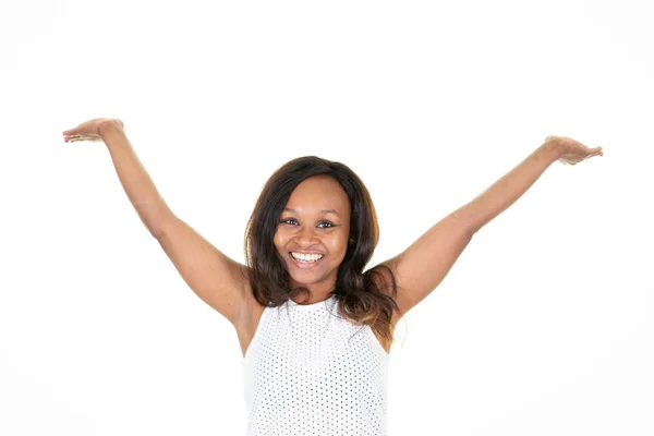 Excited Young African American Woman Palm Hands White Background — Stock Photo, Image