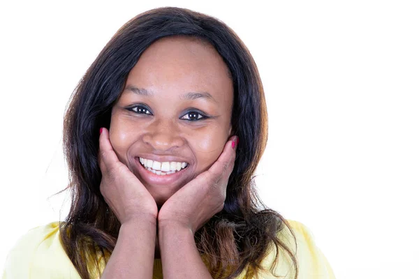 Hermosa Chica Africana Americana Posando Con Las Manos Cara —  Fotos de Stock