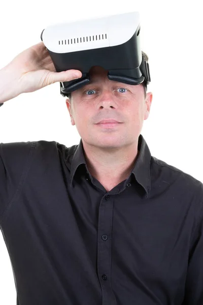 Hombre Guapo Con Gafas Realidad Virtual Las Manos —  Fotos de Stock