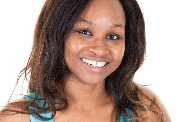 Porträtt Ung Kvinna Med Vacker Lång Svart Hår Afroamerikansk — Stockfoto