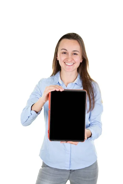 Portrait Joyful Young Businesswoman Blank Tablet Empty Screen Mockup White — Stock Photo, Image