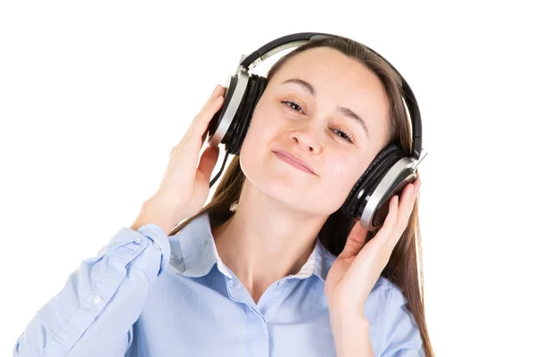 Retrato Joven Riendo Bonita Mujer Auriculares Escuchando Música —  Fotos de Stock