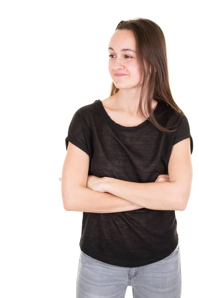 Beautiful Pleased Woman 20S Wearing Casual Shirt Arms Crossed Looking — Stock Photo, Image