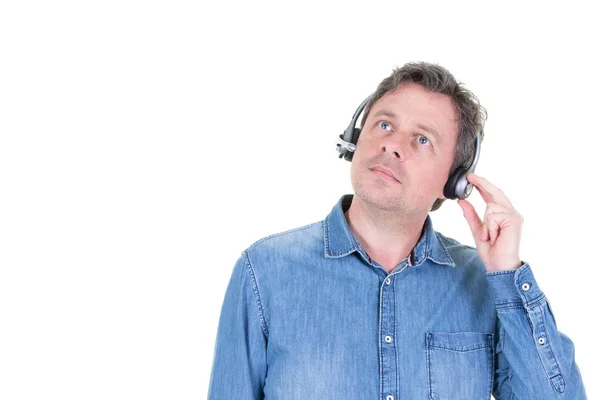 Centro Llamadas Hombre Con Auricular Mirando Lado Espacio Copia Fondo — Foto de Stock