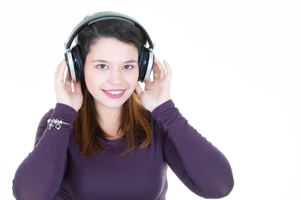 Young Woman Brunette Headphones Looks Camera Aside Copy Space — 스톡 사진