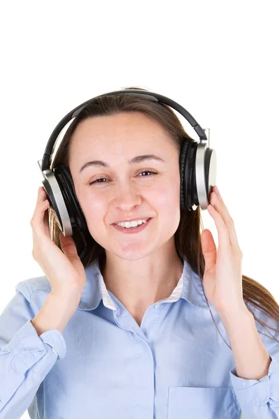 Jovem Feliz Com Fones Ouvido Fundo Amarelo — Fotografia de Stock