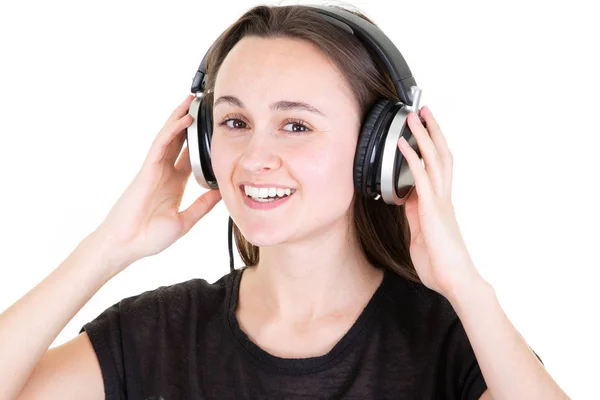 Jovem Feliz Com Fones Ouvido Fundo Branco — Fotografia de Stock