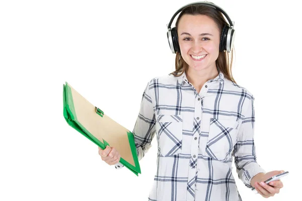 Cheerful Smiling Student Girl Music Headphones Holding Books Isolated White — Stock Photo, Image