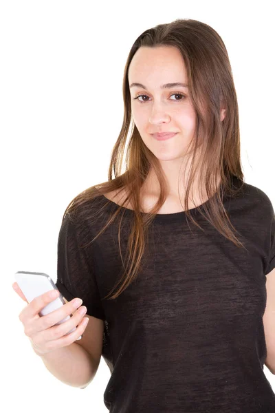 Mujer Joven Leyendo Mensaje Teléfono Inteligente Fondo Blanco —  Fotos de Stock
