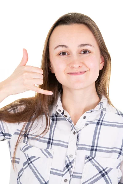 Mujer Joven Sonriendo Haciendo Gesto Teléfono Con Mano Los Dedos — Foto de Stock