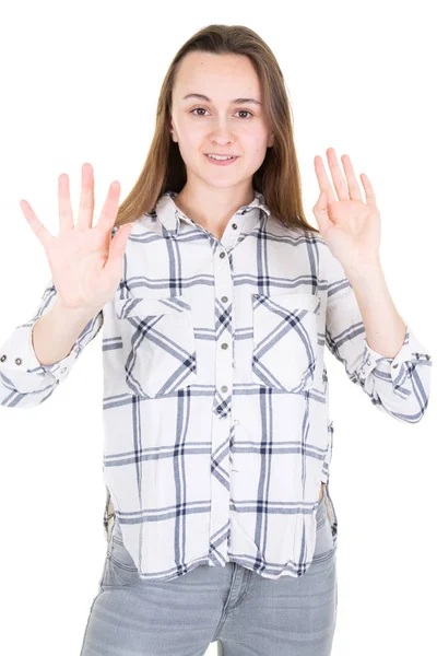 Aantrekkelijke Vrouw Toont Stopbord Met Palm Witte Achtergrond — Stockfoto