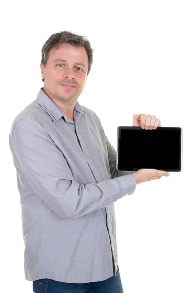 Homem Isolado Fundo Branco Segurando Tablet Tela Branco Mostrando Sorriso — Fotografia de Stock