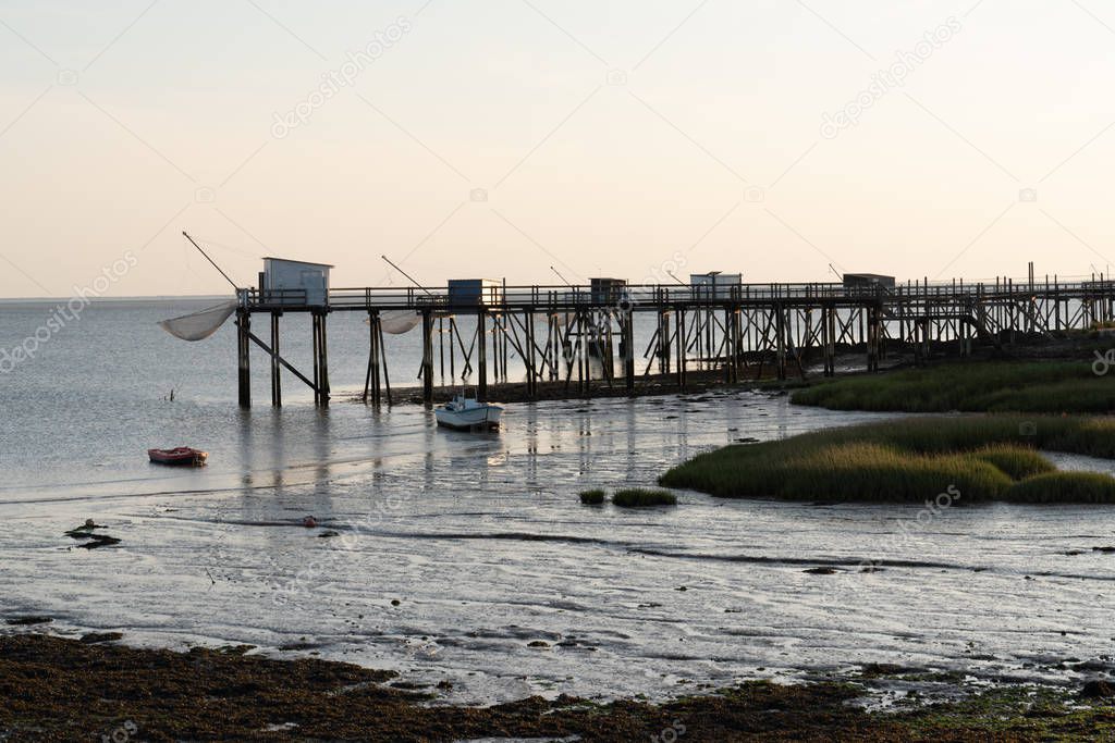 fishing huts on stilts at Fouras at sunset Aquitaine France