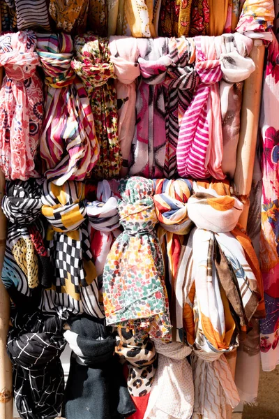 Colorful Silk Pattern Many Scarves Hanging Display Shopping Street — Stock Photo, Image