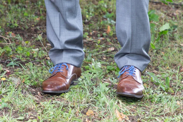 Подробности Man Gray Suit Brown Shoes Blue Laces — стоковое фото
