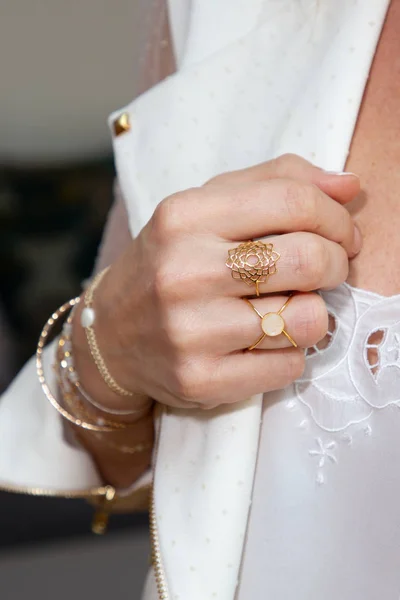 Styled Woman Hands Silver Gold Jewelry — Stock Photo, Image