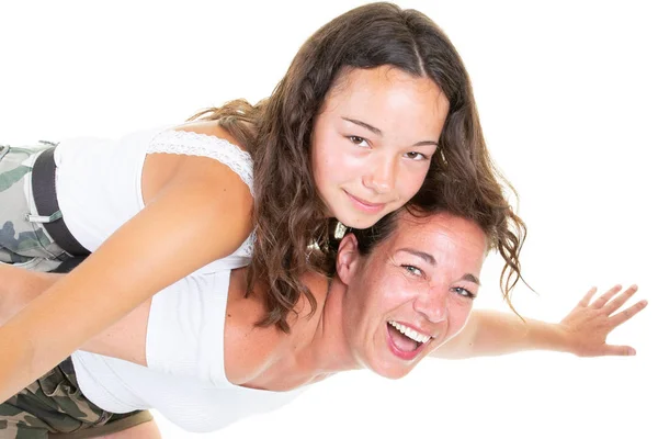 Jeune Mère Jouer Avec Fille Fille Adolescent Sur Blanc — Photo